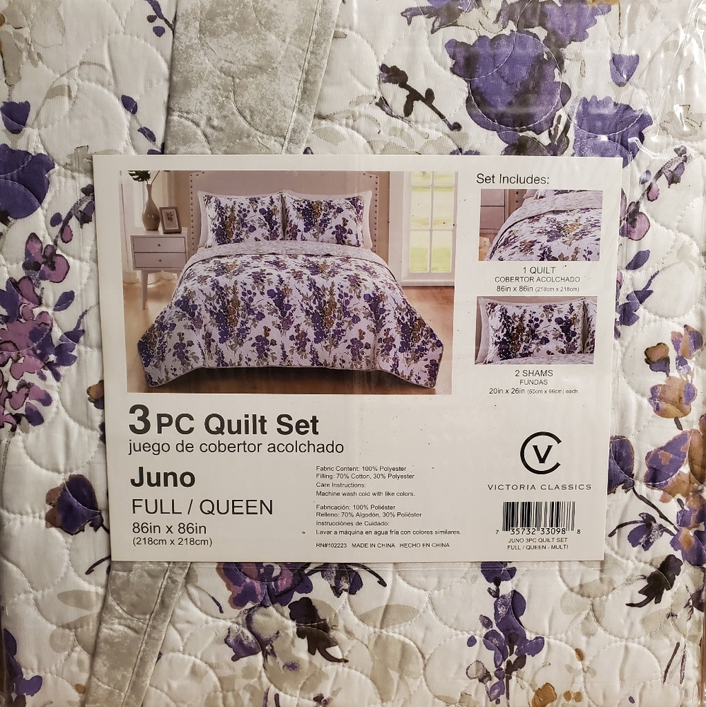 NWT GORGEOUS WHITE/GRAY/PURPLE FLORAL QUILT SET